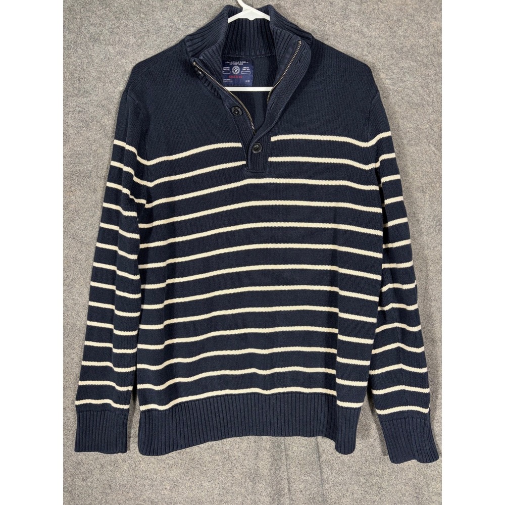 American Eagle Mens Athletic Fit Striped Mock Neck Button Zip Sweater Navy Large